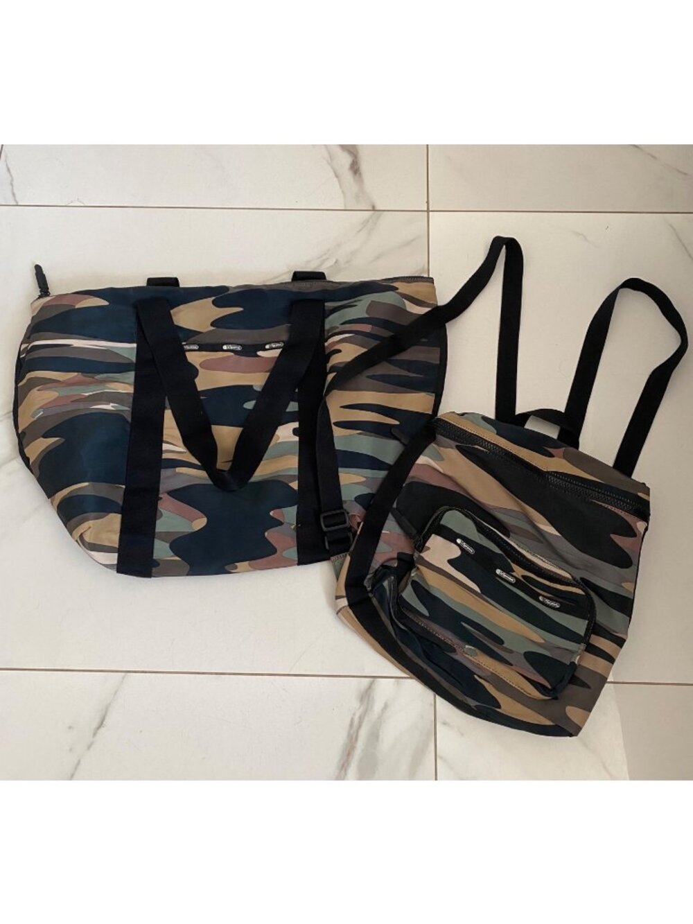 Lesportsac packable camo backpack and large duffle ex cond.
